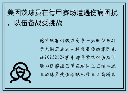 美因茨球员在德甲赛场遭遇伤病困扰，队伍备战受挑战